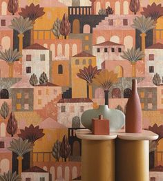 the wallpaper is very colorful and has many different designs on it, including buildings