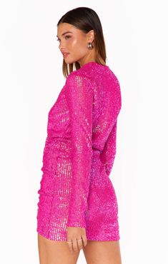 FIT TIP: This is our shorter mini dress lengthHot girl holiday in this pink sequin micro mini! Long sleeve and ruched in all the right places, this cool girl moment will have you the center of any party this season. Pink Disco, Girl Holiday, Micro Mini, Short Mini Dress, Pink Sequin, Show Me Your Mumu, Dress Pink, Pink Dress, Cool Girl