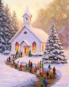 a painting of people walking in front of a church with a christmas tree on the side