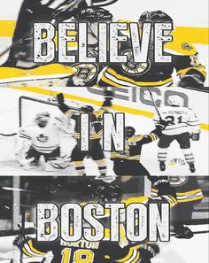 the boston hockey team poster is shown in black and white, with yellow lettering on it