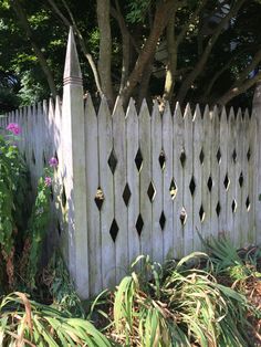 a white picket fence surrounded by trees and plants