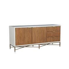 This calm, rustic TV media entertainment center console will be the highlight of your living room decor. Featuring three drawers and two cabinet doors, it is crafted from white-finished mahogany wood and veneer with complementary natural brown corrugated front panels. The lightweight metal legs in gold finish have a cross bar base for stability. Everly Quinn Color: White/Brown/Gold | Everly Quinn TV Stand for TVs up to 28.0 H x 64.0 W x 18.0 D in white / brownWood / Metal in White / Brown / Gold Contemporary Entertainment Center, Tv Stand For Sale, Media Entertainment Center, Tv Stand Console, Tv Media, Tv Stand Wood, Tv Stands And Entertainment Centers, Wood Drawers, Tv Console