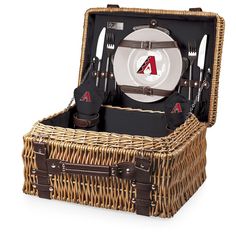 a picnic basket with utensils, plates and silverware in the shape of a arizona logo