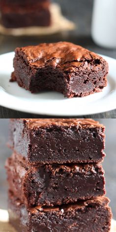 chocolate brownies stacked on top of each other with one cut in half to show the inside