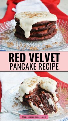 red velvet pancake recipe with white icing on top and chocolate cake in the middle