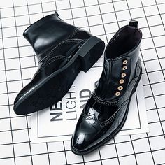 Category:Boots; Upper Materials:Patent Leather,Synthetics; Season:Winter,Fall; Gender:Unisex,Men's; Toe Shape:Round Toe,Pointed Toe; Style:British,Business,Casual,Classic; Boot Shaft:Booties / Ankle Boots; Outsole Materials:TPU (Thermoplastic Polyurethane),TPR (Thermoplastic Rubber); Occasion:Party  Evening,Daily; Closure Type:Buckle; Function:Wear Proof,Height-increasing,Non-slipping; Pattern:Color Block,Bullock Carved; Listing Date:07/26/2021; 2021 Trends:Chelsea Boots,Martin Boots,Fashion Boo Black Wingtip Lace-up Boots For Fall, Winter Chelsea Boots With Brogue Detailing, Winter Chelsea Boots With Brogue Detailing And Round Toe, Winter Business Wingtip Chelsea Boots, Fitted Martin Boots With Round Toe For Business, Fitted Round Toe Martin Boots For Business, Fitted Business Martin Boots With Round Toe, Fall Business Lace-up Boots With Pointed Toe, Winter Ankle-high Brogue Boots