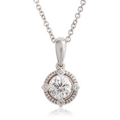 Ben Bridge Signature Diamond Collection  Each diamond is crafted with extra facets and superior proportions to maximize brilliance.
A Ben Bridge Signature Diamond is held inside a milgrain detailed setting for a sweet addition to any outfit. Chain is 18 inches long with a sizing loop at 16 inches for shorter wear. Pendant is approximately 8 x 15mm. Diamond Collection, Diamond Necklace, Silver Necklace, Bridge, White Gold, Chain, Pendant, Silver, Gold