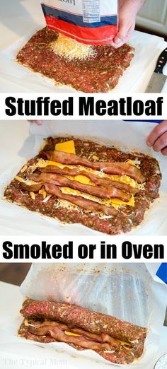 two pictures showing how to make stuffed meatloaf with smoked or in oven ingredients