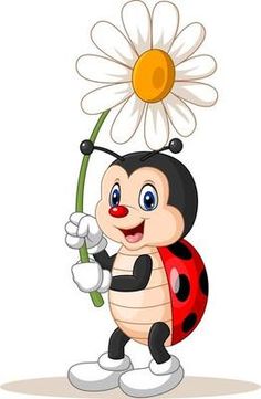 a cartoon ladybug holding a daisy on its head and pointing to the side