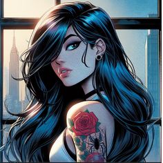 a woman with blue hair and tattoos standing in front of a window looking out at the city