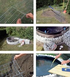 four pictures showing how to build a fire pit in the backyard with bricks and wire