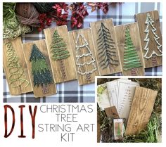 the christmas tree string art kit is on display with other crafting supplies and decorations