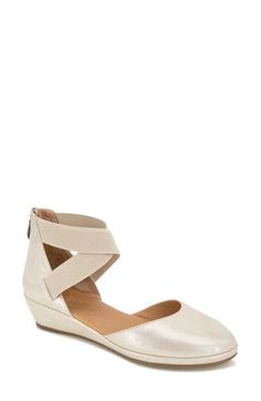 A slight wedge supports a breezy d'Orsay sandal fitted with crisscrossed elastic straps for comfort and style. 1 1/2" heel; 1/2" platform (size 8.5). 4" ankle strap height. Back zip closure. PORON® memory foam-cushioned footbed. Leather upper and lining/rubber sole. Imported. Women's Shoes. Spring Cream Sandals With Arch Support, Spring Ankle Strap Wedge Sandals With Arch Support, Spring Pointed Toe Medium Width Wedge Sandals, Spring Flats With Arch Support, Spring Wedge Heels With Arch Support, Spring Synthetic Flats With Arch Support, Spring Closed Toe Flats With Arch Support, Synthetic Ankle Strap Flats For Spring, Sandal Women