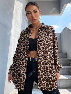 Casual Collared Leopard Print Tops, Trendy Long Sleeve Leopard Print Top, Trendy Long Sleeve Leopard Print Blouse, Casual Leopard Print Blouse, Casual Leopard Print Blouse For Fall, Oversized Leopard Print Tops With Long Sleeves, Open Shirt Outfit, Drop Shoulder Shirt, Open Shirt