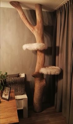 a cat tree in the corner of a room