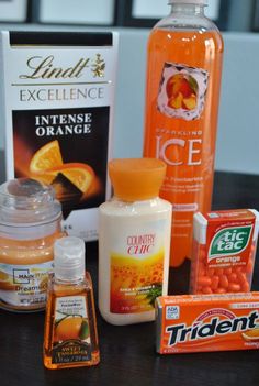 an assortment of orange products on a table