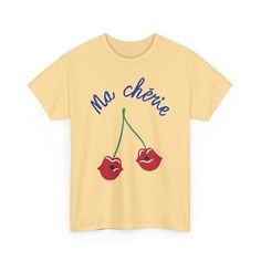 Transport yourself to a quaint Parisian café with our adorable "Ma Chérie" tee. This relaxed-fit cotton t-shirt is perfect for soaking up the summer sun. Featuring charming script that declares "Ma Chérie" (French for "My Darling"), it's accented with playful cherries. Summer Brunch T-shirt With Screen Print, Short Sleeve Screen Print T-shirt For Brunch, Short Sleeve T-shirt With Screen Print For Brunch, Cotton T-shirt With Letter Print For Brunch, Funny Print Short Sleeve T-shirt For Brunch, Summer T-shirt With Screen Print For Brunch, Summer Brunch Cotton T-shirt, Casual Screen Print T-shirt For Brunch, Summer Cotton T-shirt For Brunch