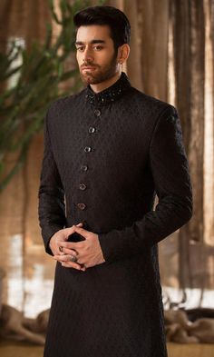 Buy Designer Groom Black Sherwani for Wedding in Fine Quality with Embellishments paired with Straight-cut Trousers/Churidar. Customizable. Fast Shipping Sherwani Pakistani, Nameera By Farooq, Sherwani For Wedding, Black Sherwani, Suit For Men Wedding, Sherwani For Men Wedding, Groom Dress Men, Stylish Mens Suits, Sherwani Groom