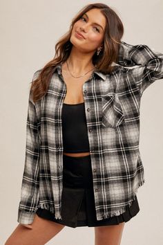 Get the weekend started in style with our Weekend Groove Button Down Plaid Shirt. This quirky and playful shirt features a trendy fringe hem and distressed snow wash plaid design. Made from 100% cotton for a comfortable and groovy fit. (Weekend not included!) Fits true to size Trendy Fringe, Layered Sweater, Checkered Shirt, Plaid Design, Winter Accessories, Scarf Styles, Plaid Shirt, Hat Fashion, Long Tops