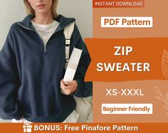 a woman wearing a blue sweater and white pants with the text zip sweater xs - xxl beginner friendly