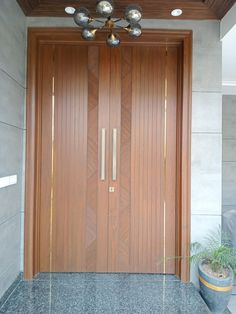 two wooden doors with metal handles in front of a gray wall and potted plant