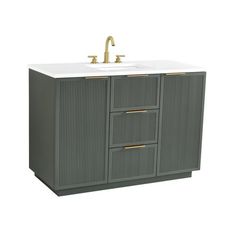 a bathroom vanity with two sinks and a faucet