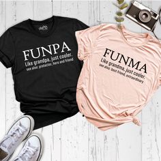 Funpa Funma Shirt, Funny Grandpa Grandma Meaning Shirt, Matching Grandparent Tee, Nana Papa Tshirt, Fathers Day Tee, Baby Announcement Shirt Celebrate family humor with our Funpa Funma Shirt, the perfect gift for funny grandparents! This Funny Grandpa Shirt and Funny Grandma Shirt combo brings smiles with its clever and amusing meaning. Ideal for any occasion, these Matching Grandparent Shirts make a delightful addition to Father's Day Tee collections or baby announcement surprises. Show love an Black Family Matching Tops With Funny Print, Family Matching Black Tops With Funny Print, Black Tops With Funny Print For Family Matching, Black Tops With Funny Text For Family Matching, Black Family Matching Tops With Funny Text, Black Family Matching Tops With Text Print, Black Funny Tops With Name Print, Fun Crew Neck Top With Name Print, Fun Cotton Tops With Funny Text