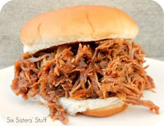 a pulled pork sandwich on a white plate