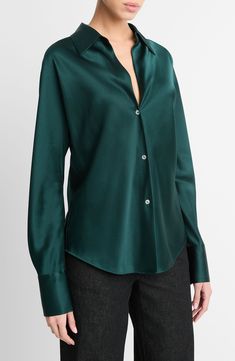 Aqua Mineral, Silk Long Sleeve Blouse, Silk Button Up, Versace Outfit, Silk Charmeuse, Green Silk, Tee Dress, Fall 2024, Silk Shirt