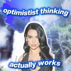 a woman with long black hair standing in front of a blue and white background that says, optimist thinking actually works