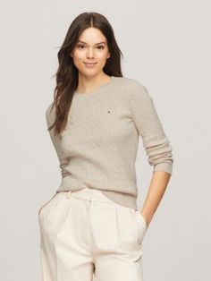 Long-Sleeve Cable Knit Sweater | Tommy Hilfiger Cream Sweater For Layering, Tommy Hilfiger Long Sleeve Sweater For Spring, Neutral Long Sleeve Cable Knit Sweater, Elegant Long Sleeve Tommy Hilfiger Tops, Elegant Beige Cable Knit Top, Long Sleeve Cable Knit Tops For Work, Elegant Long Sleeve Tops By Tommy Hilfiger, Spring Beige Cable Knit Sweater, Beige Cable Knit Top For Work