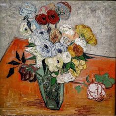 a painting of flowers in a vase on a table