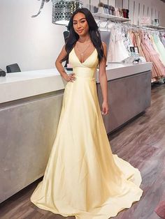 V Neck Yellow Satin Long Prom Dresses, Long Yellow Formal Graduation Evening Dresses Formal Cocktail Party, Yellow Satin, Long Sleeve Gown, Long Prom Dresses, Satin Prom Dress, Dress Satin, Evening Gowns Formal, Evening Dresses Long, Prom Dresses Long