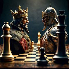 two chess players facing each other on a checkerboard with the queen in gold