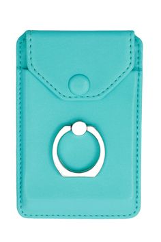 a turquoise leather case with a ring on it