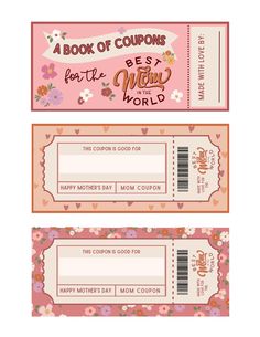 two pink coupons for mother's day with hearts and flowers on the front