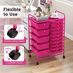 a pink cart with lots of drawers on it and the words flexible to use below