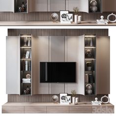 two pictures of the same wall unit in different rooms, one with a television on it