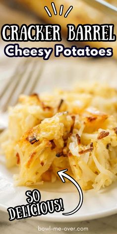 A white plate with browned shredded potatoes and cheese. With Pinterest Overlay. Cracker Barrel Cheesy Potatoes, Cracker Barrel Potatoes, Chessy Potatoes, Cheesy Potato Recipe, Wednesday Dinner, Frozen Hash Browns, Creamy Potatoes, Sausage Dip