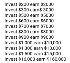 the words invest $ 200 earn $ 2000 invest $ 300 earn $ 500 invest $ 600 earn $ 800