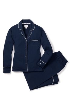 Feel cool and comfy in supersoft pima-cotton pajamas styled with notched lapels, smooth piping and a convenient chest pocket. Top has notched collar; long sleeves 100% cotton Machine wash, dry flat Imported Classic Cotton Sleepwear For Pajama Party, Navy Long Sleeve Sleepwear For Loungewear, Classic Long Sleeve Sleepwear For Lounging, Classic Cotton Sets With Relaxed Fit, Classic Cotton Loungewear Set, Classic Cotton Long Sleeve Sleepwear, Classic Long Sleeve Cotton Sleepwear, Classic Cotton Sleepwear With Long Sleeves, Navy Cotton Loungewear Sets