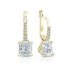 Dangle studs 4-Prong martini set diamond earrings make a stylish statement in beauty. These 14k yellow gold diamond earrings sparkle with a 2.00 ct. princess-cut natural diamonds as center stone and 0.10 ct. total weight of small round diamonds as side stone, together with a total weight of 2.10 ct. in lever back clasps. Princess Cut Earrings, Black Diamond Pendant, Beautiful Diamond Earrings, Martini Set, Yellow Gold Diamond Earrings, Black Diamond Studs, Solitaire Diamond Pendant, Princess Earrings, Colored Diamond Rings