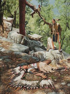 an oil painting of native americans in the woods