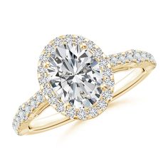 a yellow gold engagement ring with an oval cut diamond surrounded by round brilliant pave diamonds