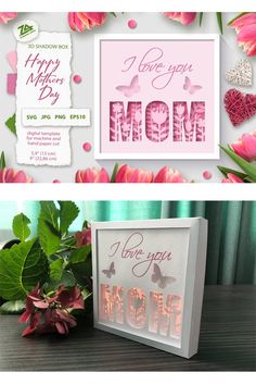 mother's day greeting card with flowers and paper cutouts on the front, and an image of pink tulips in the back