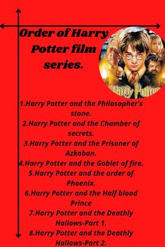 the order of harry potter film series on a red background with an arrow pointing to it