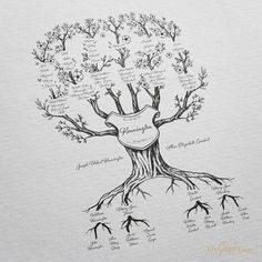 a drawing of a tree with roots and names on it