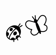 two ladybugs and a butterfly are shown in black on a white background,