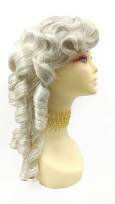 "Unisex colonial-style ringlets wig with a long length that's perfect for tying in the back. Fixed skin top side part. Inside cap has adjustable straps for a secure fit. Color: Light Gray (60) Style: Long and curly ringlets Circumference: Default at 21\" with adjustable cap (max 22\"). Materials: Synthetic Wig Fibers All sales are final. Please read all store policies before purchasing." Colonial Wigs, Costume Cosplay, Historical Costume, Cosplay Wig, Wig Styles, Curly Wigs, Long Curly, Cosplay Wigs, Synthetic Wigs