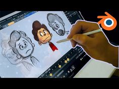 someone is drawing cartoon faces on a computer screen with a pencil and watercolor pen